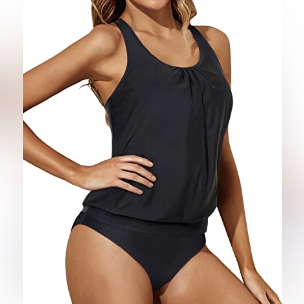 Womens Tankini Swimsuits Tummy Control Modest Black Swim Set NWT Size S